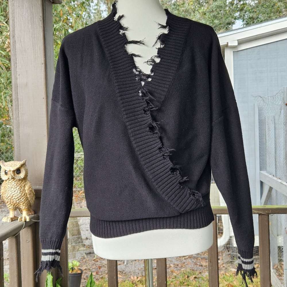 CBrand Distressed Wrap Sweater Size M Black Grunge Knit Frayed Edge